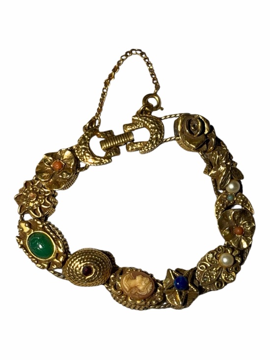 Goldette Jewelry - Gold-Tone Multistone Floral Link Bracelet - Green, Blue, Coral, Pearl Accents